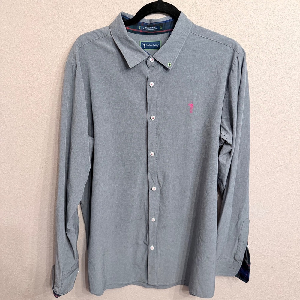 William Murray Mens Gray Long Sleeve Golf Button Down Shirt Large Pink Logo